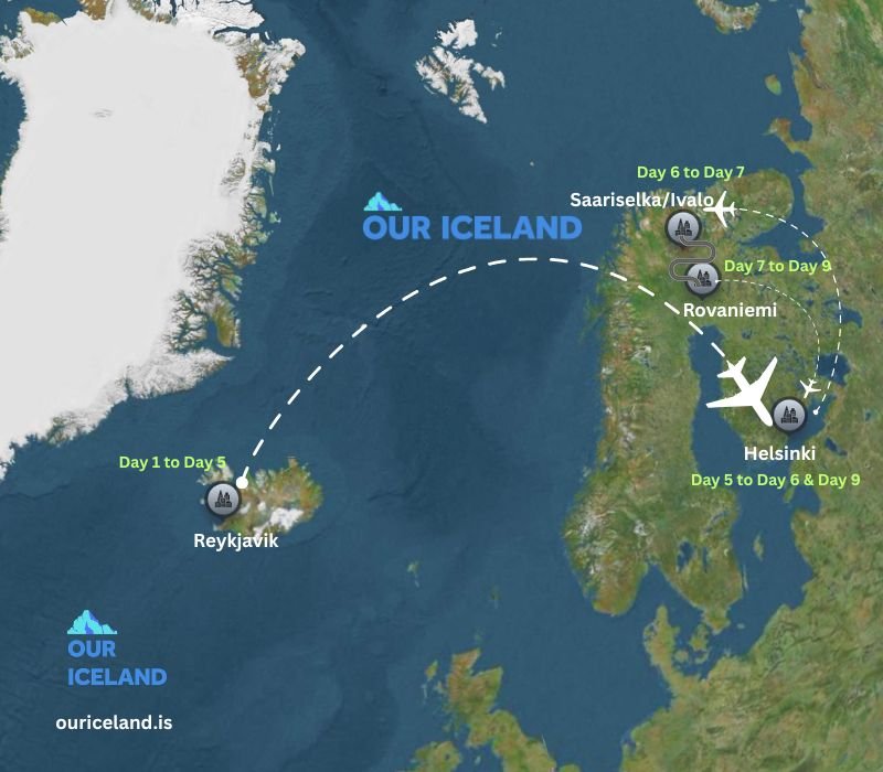 Map display of 10 Day Iceland & Finland tour that includes Reykjavik, Helsinki, Saariselka & Rovaniemi