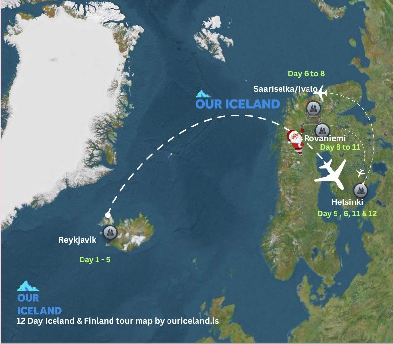 12 Day Iceland & Finland tour map that includes stay in Reykjavik, Helsinki, Saariselka, Rovaniemi