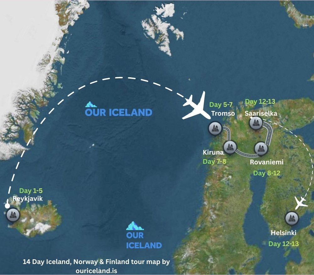 14 Day Iceland, Norway & Finland tour map.