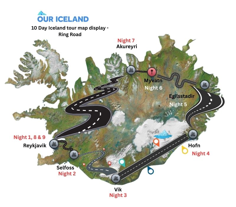 10 Day Iceland tour map display - Ring Road