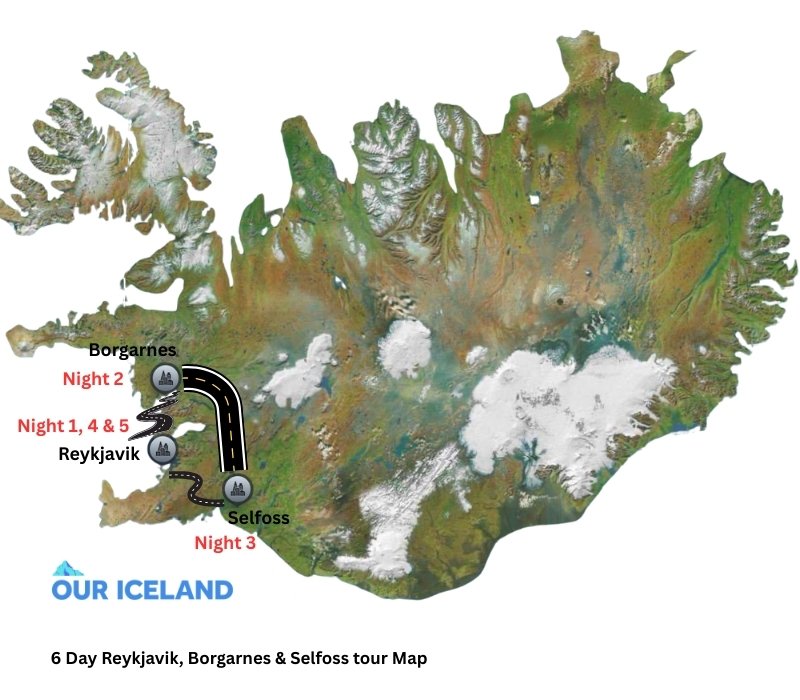 6 Day Iceland's Reykjavik, Borgarnes & Selfoss tour map