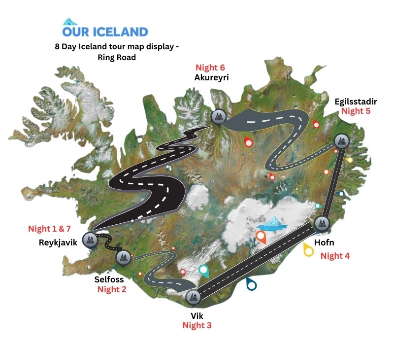 8 Day Iceland tour Map Display - Ring road