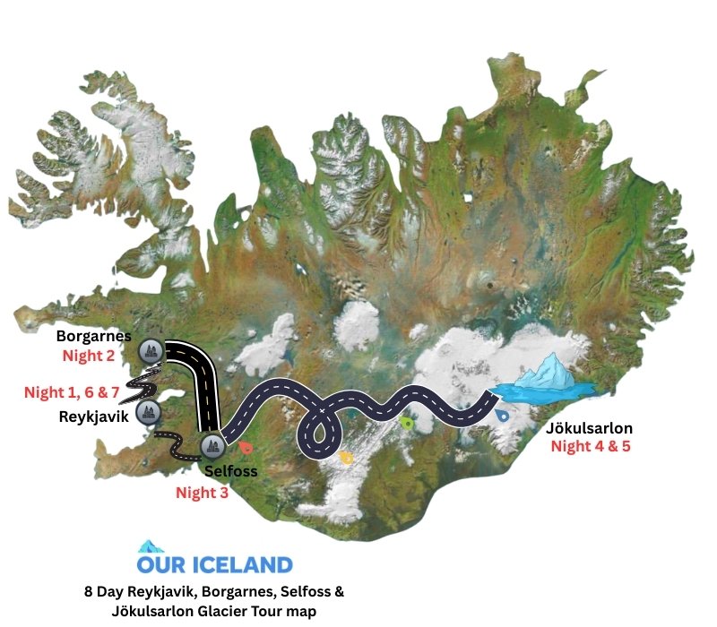 8 Day Iceland's Reykjavik, Borgarnes, Selfoss & Jökulsarlon Glacier Tour Map